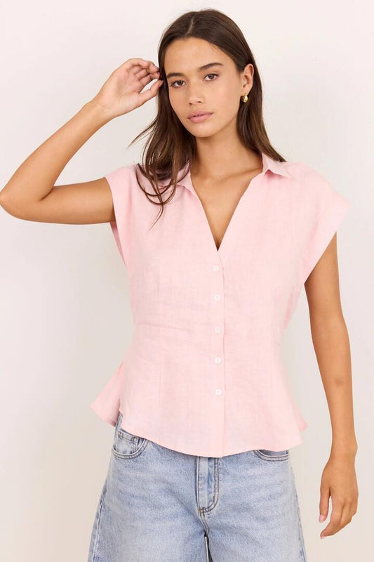 Image of Shirts. Product name - Villager Blush Linen Tie Back Short Sleeve Shirt in Blush colour by brand - RE:UNION Label