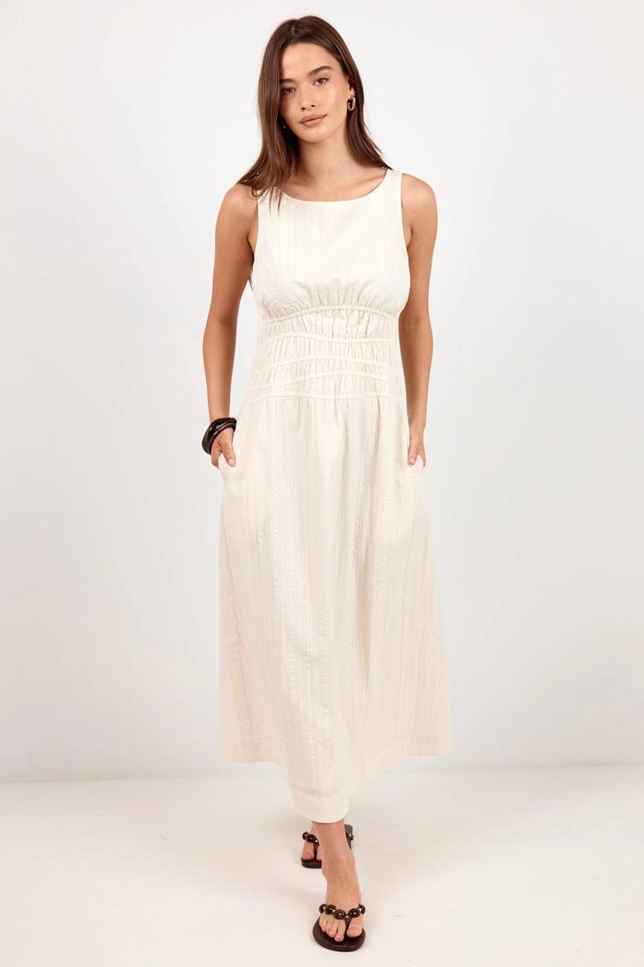 Image of Dresses. Product name - Lucent Cream Sleeveless Shirred Bodice Midi Dress in Cream colour by brand - RE:UNION Label