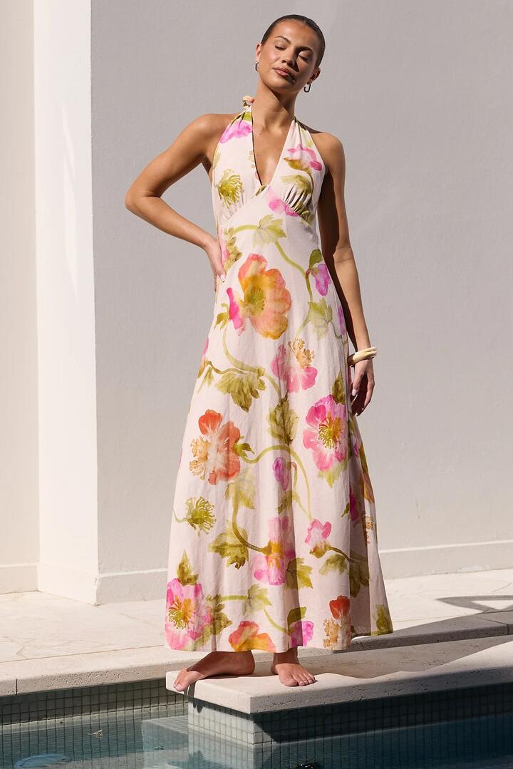 Image of Dresses. Product name - Escapism Pink Floral Tie Neck Halter Maxi Dress in Pink Floral colour by brand - Georgia Zoe