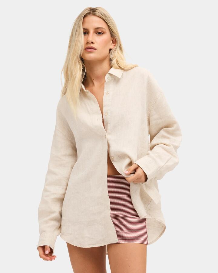 Image of Shirts. Product name - Nunui Womens Lola Linen Shirt Natural 3 in Natural 3 colour by brand - Nunui