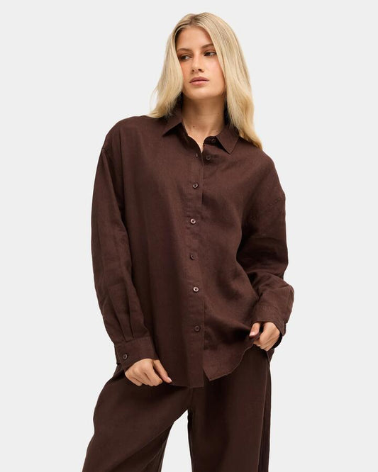 Image of Shirts. Product name - Nunui Womens Lola Linen Shirt Chocolate 5 in Chocolate 5 colour by brand - Nunui