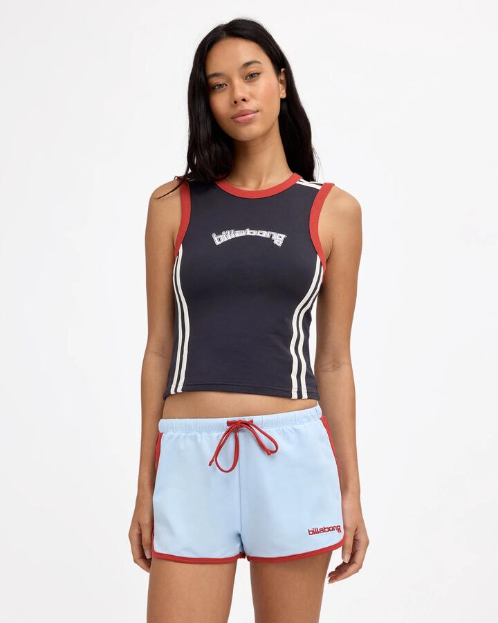 Image of a model wearing Shorts. Product name - Billabong Womens Dig It Elastic Waist Shorts Cool Blue in Cool Blue colour by brand - Billabong