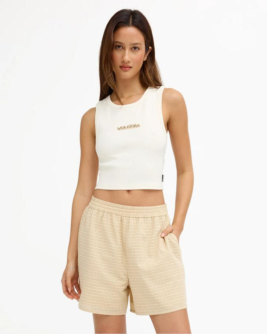 Image of a model wearing Shorts. Product name - Volcom Womens Mellow Elastic Waist Shorts Sunrise in Sunrise colour by brand - Volcom