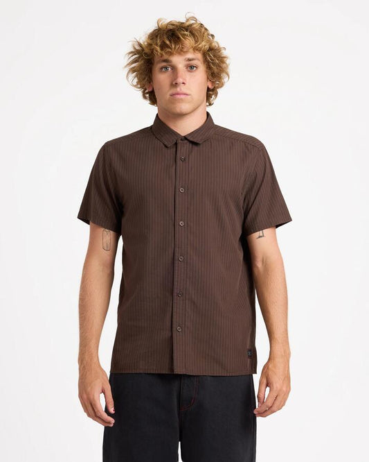Image of Shirts. Product name - RVCA Mens Harmony Emblem Short Sleeve Shirt Chocolate Brown in Chocolate Brown colour by brand - RVCA