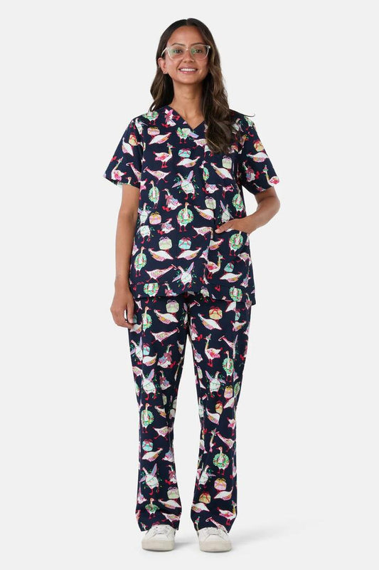 Image of a model wearing Uniforms & Workwear. Product name - Christmas Goose Scrub Set in Navy colour by brand - Gorman