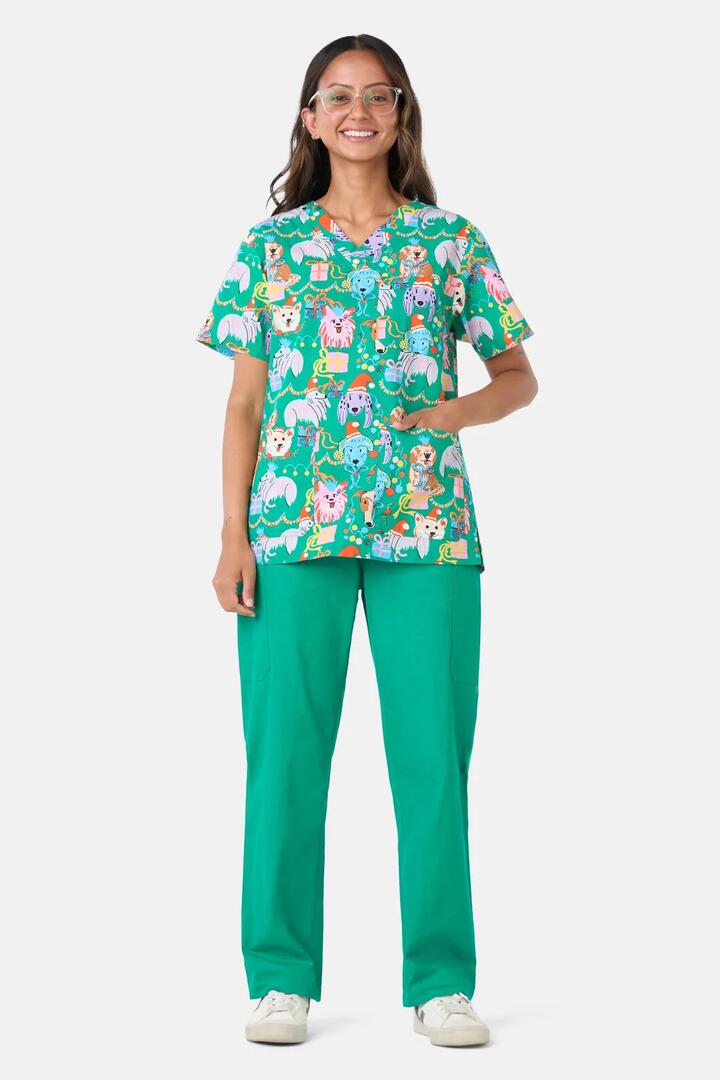Image of a model wearing Uniforms & Workwear. Product name - Santa Paws Mixed Scrub Set in Green colour by brand - Gorman