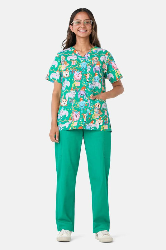 Image of a model wearing Uniforms & Workwear. Product name - Santa Paws Mixed Scrub Set in Green colour by brand - Gorman