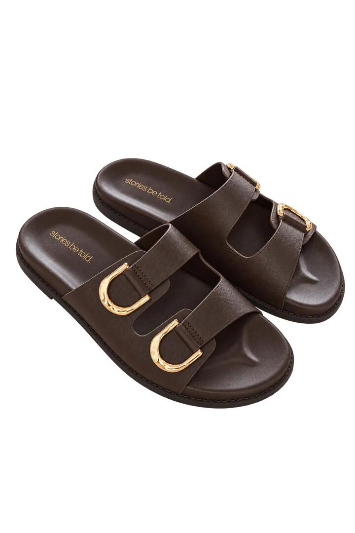 Image of Sandals. Product name - Paloma Dark Chocolate D Ring Buckle Slides in Chocolate colour by brand - Stories be Told