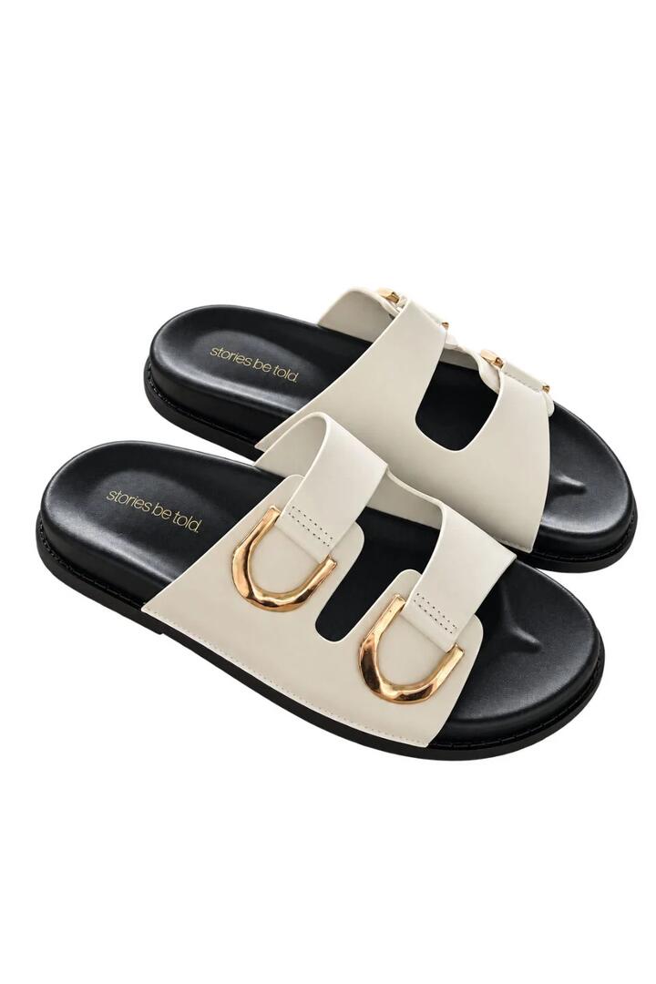 Image of Sandals. Product name - Paloma Stone Strap D Ring Buckle Slides in Stone colour by brand - Stories be Told
