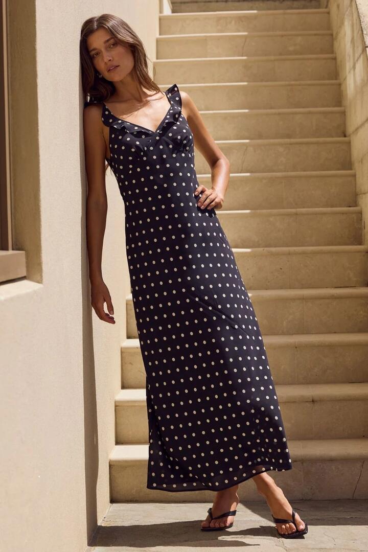 Image of Dresses. Product name - Delightful Black Polka Dot Bias Slip Maxi Dress in Black Polka Dot colour by brand - Georgia Zoe