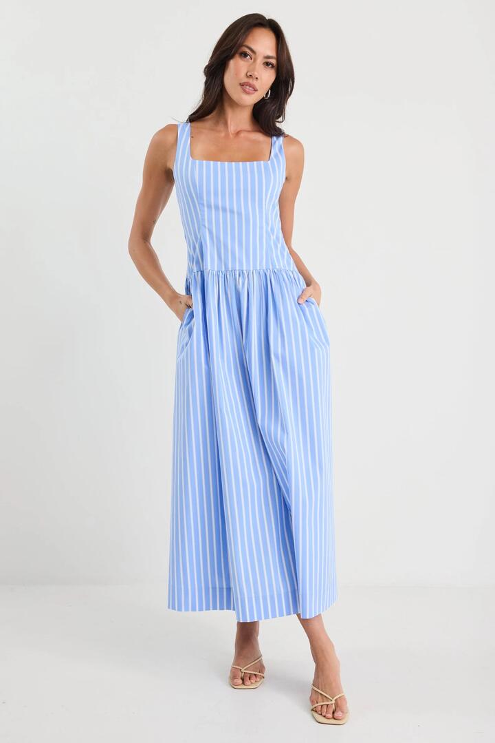 Image of Dresses. Product name - Gilded Blue Stripe Sleeveless Square Neck Maxi Dress in Blue Stripe colour by brand - Stories be Told