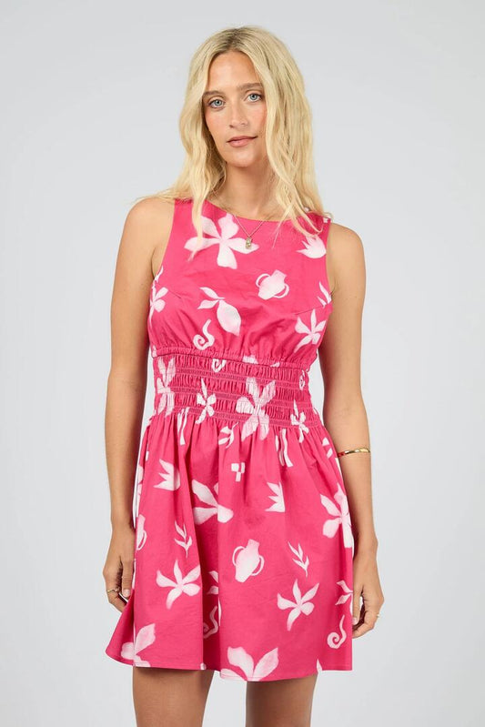 Image of Dresses. Product name - Fleur Pink Floral Ruched Waist Sleeveless Mini Dress in Pink colour by brand - All About Eve