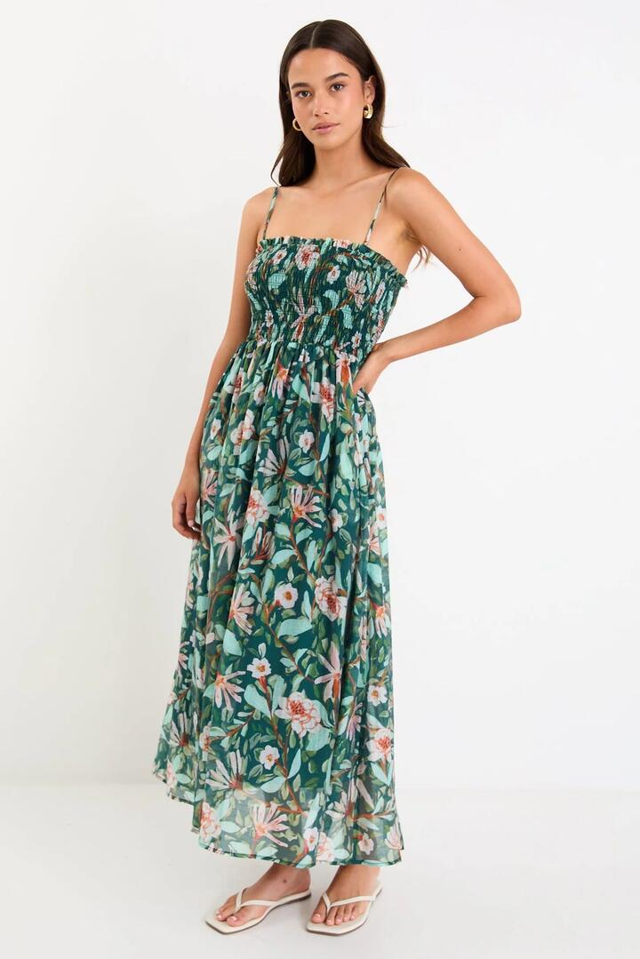 Image of Dresses. Product name - Isla Forest Floral Shirred Removable Strap Midi Dress in Forest Floral colour by brand - Among the Brave