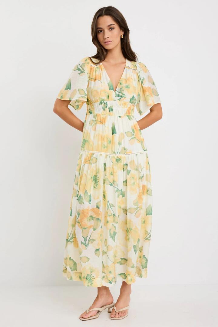 Image of Dresses. Product name - Fluent Honey Floral Crinkle Fabric Flutter Sleeve Maxi Dress in Honey Floral colour by brand - By Rosa.