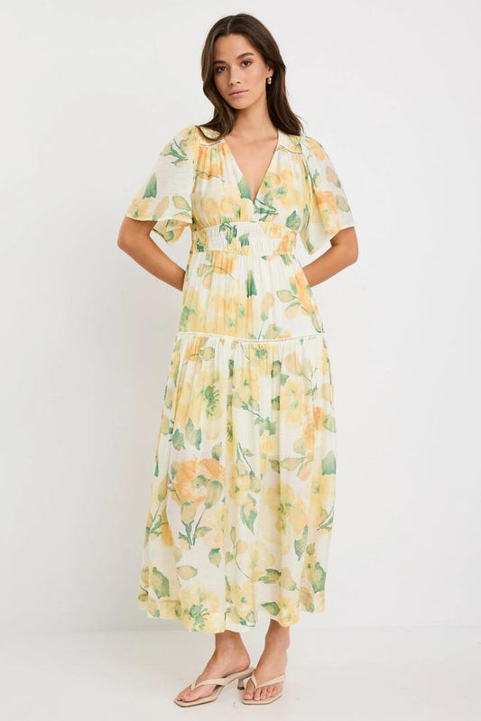 Image of Dresses. Product name - Fluent Honey Floral Crinkle Fabric Flutter Sleeve Maxi Dress in Honey Floral colour by brand - By Rosa.