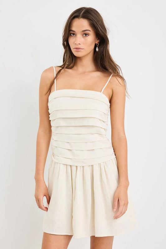 Image of Dresses. Product name - Florentine Ecru Strapless Pleated Bodice Mini Dress in Ecru colour by brand - Among the Brave