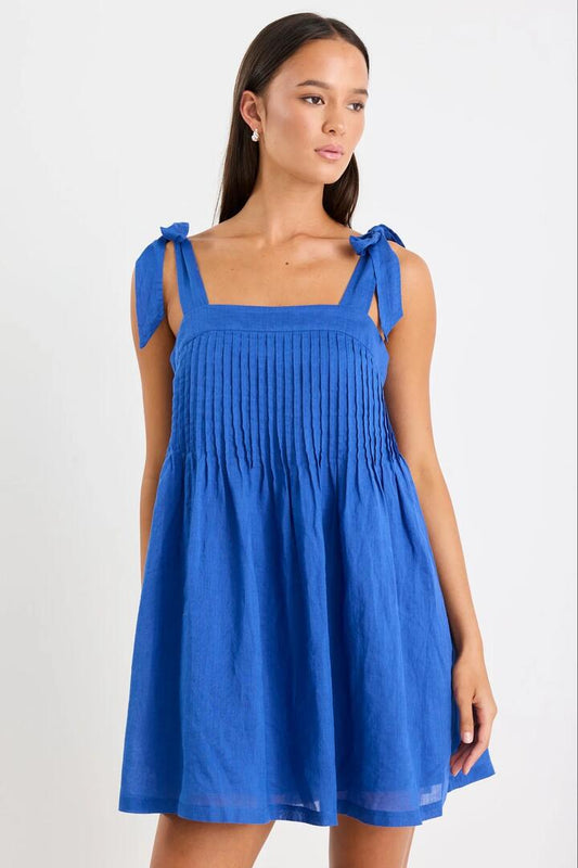 Image of Dresses. Product name - Bilbao Electric Blue Ramie Pintuck Tie Shoulder Mini Dress in Electric Blue colour by brand - Among the Brave