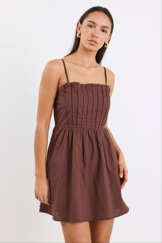 Image of Dresses. Product name - Maui Chocolate Pleated Bodice Strappy Mini Dress in Chocolate colour by brand - Stories be Told