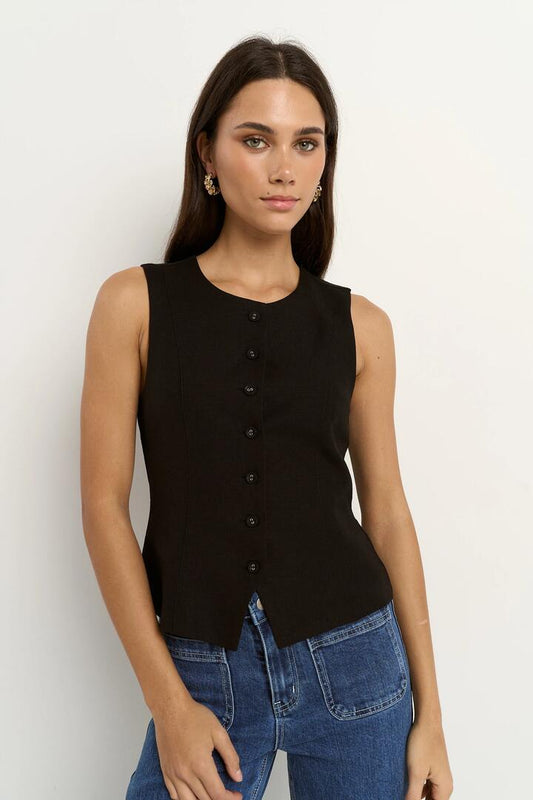 Image of Coats & Jackets. Product name - Infusion Black Linen Viscose Sleeveless Vest in Black colour by brand - RE:UNION Label