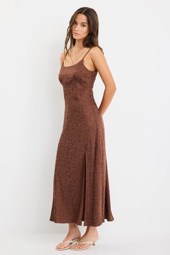 Image of Dresses. Product name - Dallas Chocolate Leopard Satin Jacquard Strappy Midi Dress in Chocolate Leopard colour by brand - Among the Brave