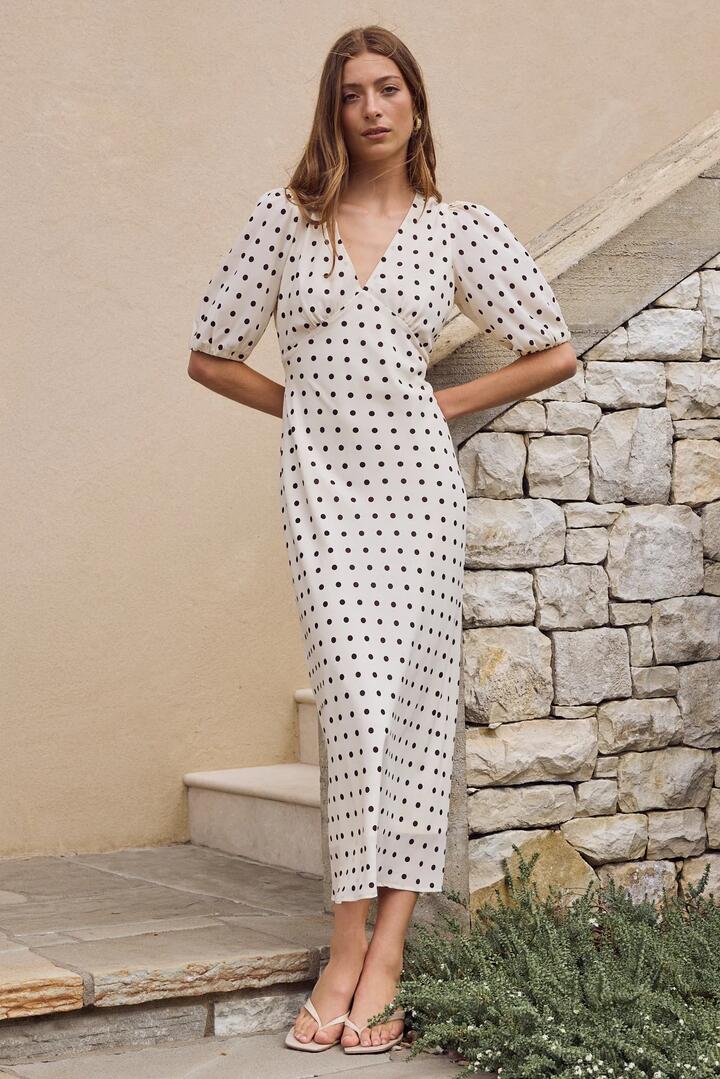 Image of Dresses. Product name - Amora Cream Chocolate Polka Dot SS Bias Midi Dress in Cream Chocolate Polka Dot colour by brand - Among the Brave