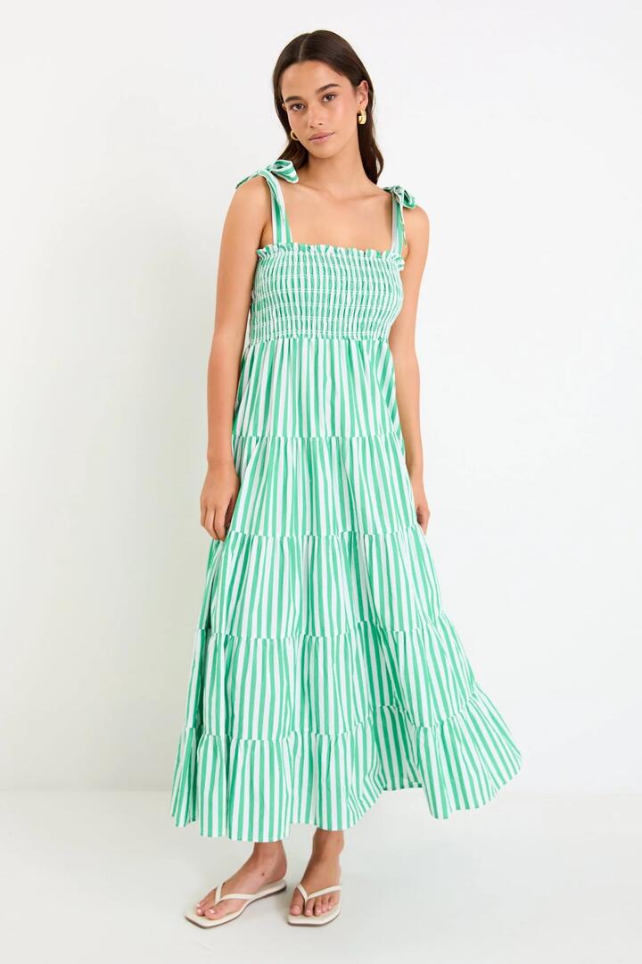 Image of Dresses. Product name - Isabella Green Stripe Cotton Strappy Tiered Maxi Dress in Green Stripe colour by brand - Ivy + Jack