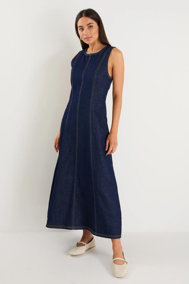 Image of Dresses. Product name - Highway Indigo Denim Sleeveless Midi Dress in Indigo colour by brand - Stories be Told