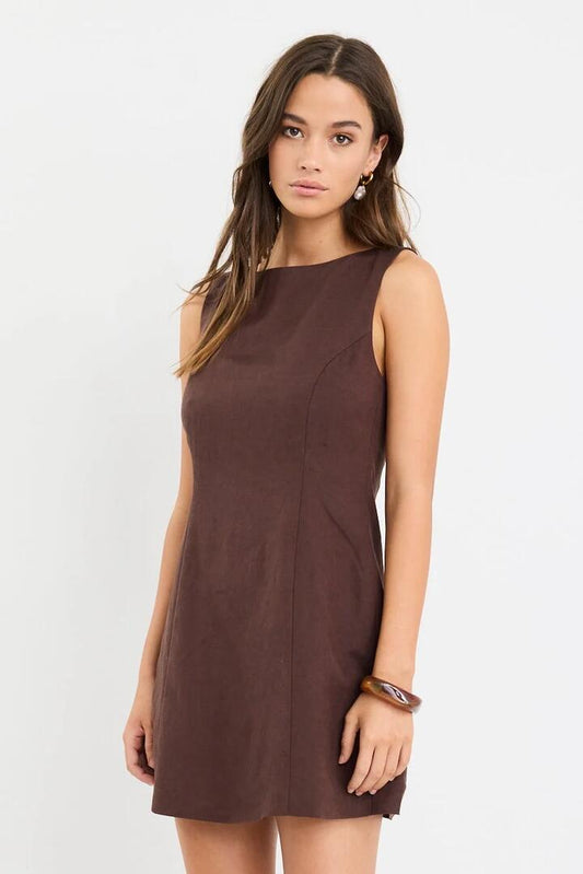 Image of Dresses. Product name - Venice Chocolate Boat Neck Fitted Mini Dress in Chocolate colour by brand - Among the Brave