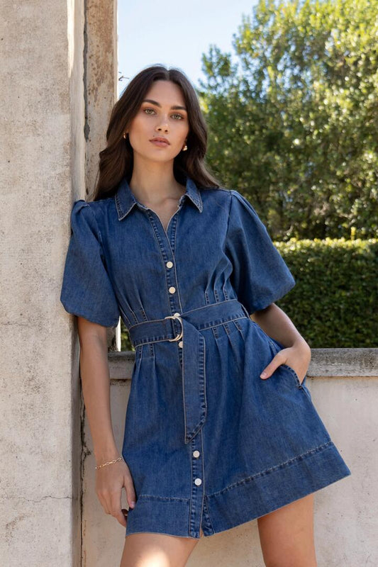 Image of Dresses. Product name - Sundown Storm Blue Denim Puff Sleeve Mini Shirt Dress in Storm Blue colour by brand - Among the Brave