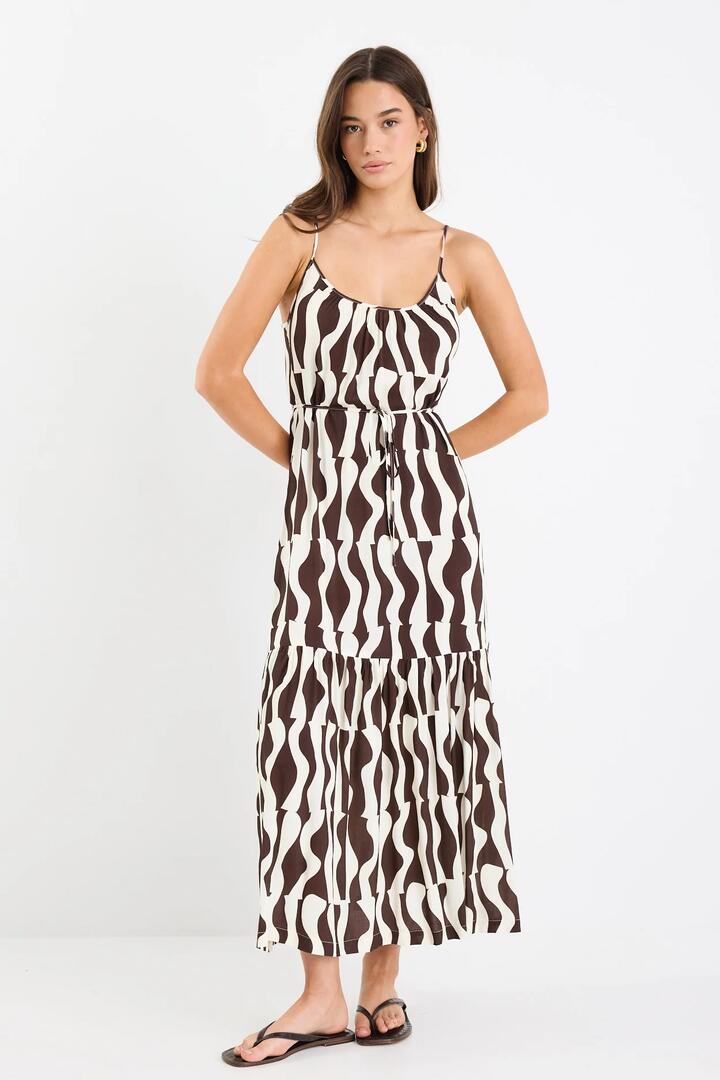 Image of Dresses. Product name - Relax Chocolate Geo Strappy Tiered Midi Dress in Chocolate Geo colour by brand - Among the Brave
