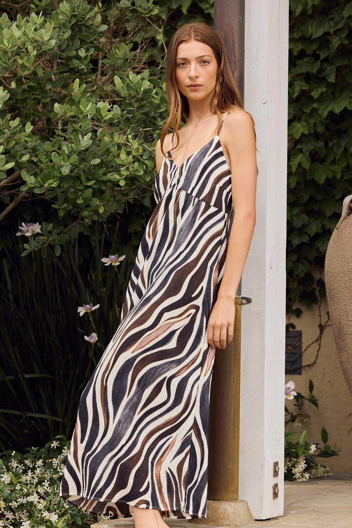Image of Dresses. Product name - Singe Chocolate Zebra Strappy Back Tie Maxi Dress in Chocolate Zebra colour by brand - Among the Brave