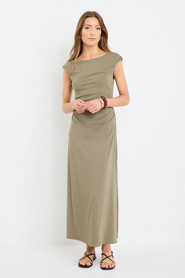 Image of Dresses. Product name - Equator Khaki Jersey Rouched Midi Dress in Khaki colour by brand - Stories be Told