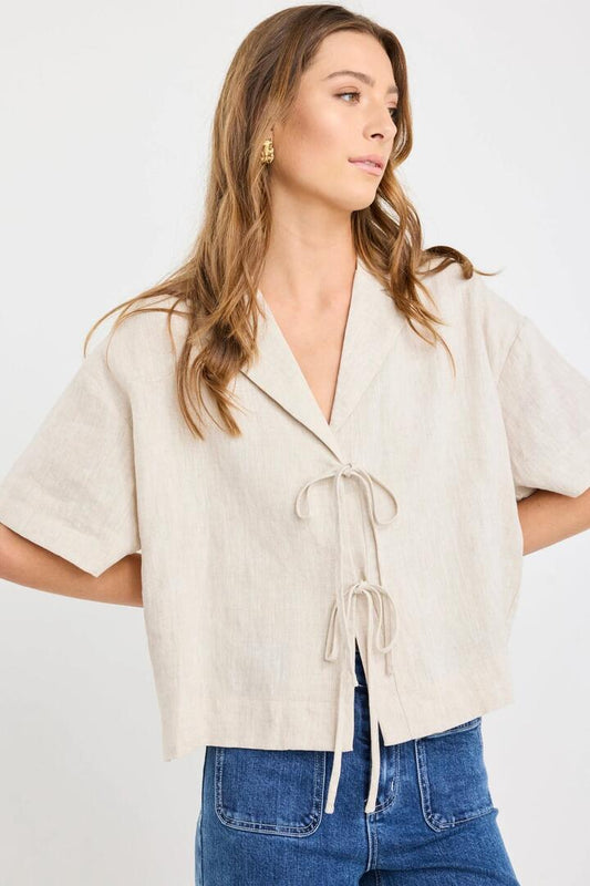 Image of Shirts. Product name - Fasten Natural Linen Tie Front Shirt in Natural Linen colour by brand - Stories be Told