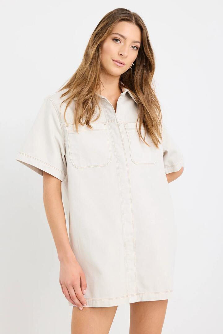 Image of Dresses. Product name - Shortcut Ecru Denim Short Sleeve Boxy Mini Shirt Dress in Ecru colour by brand - Stories be Told