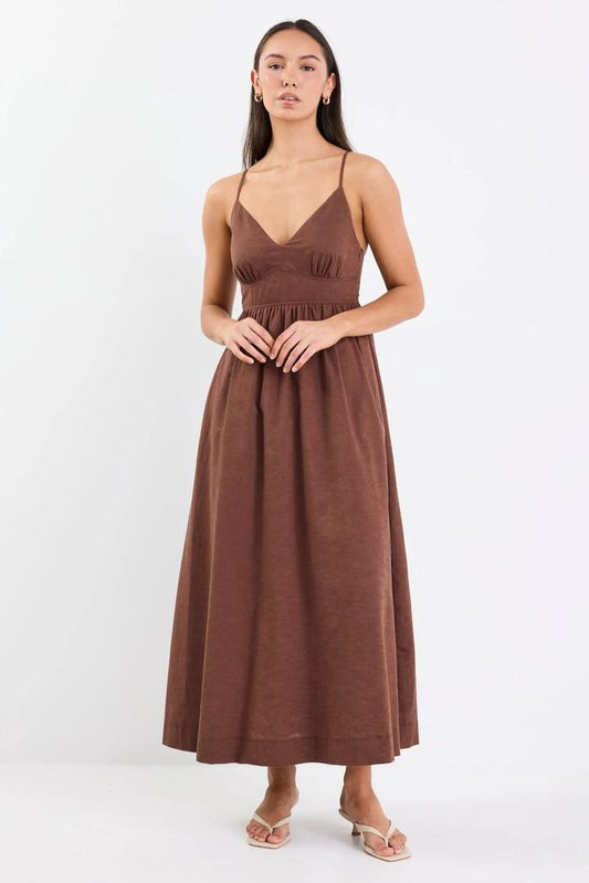 Image of Dresses. Product name - Heat Chocolate Linen Blend Strappy Midi Dress in Chocolate colour by brand - RE:UNION Label
