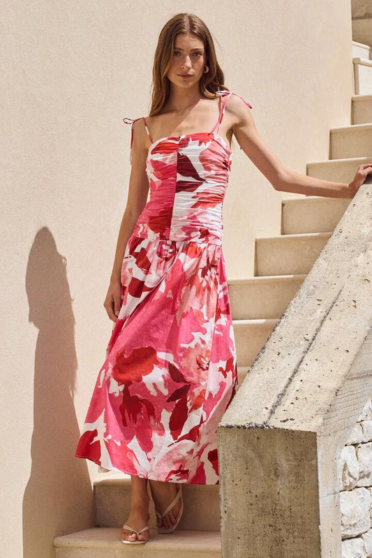 Image of Dresses. Product name - Royalty White Poppy Floral Stretch Cotton Pleated Maxi Dress in White Poppy Floral colour by brand - Among the Brave