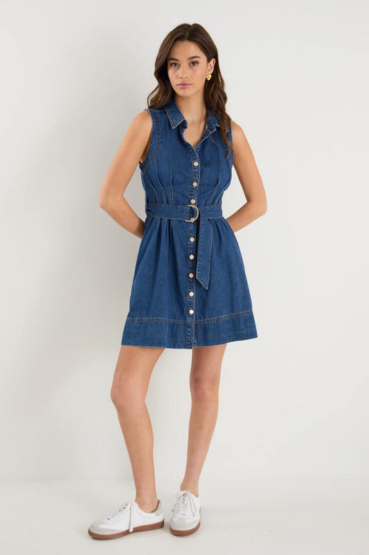 Image of Dresses. Product name - Archer Storm Blue Denim Sleeveless Mini Shirt Dress in Storm Blue colour by brand - Among the Brave