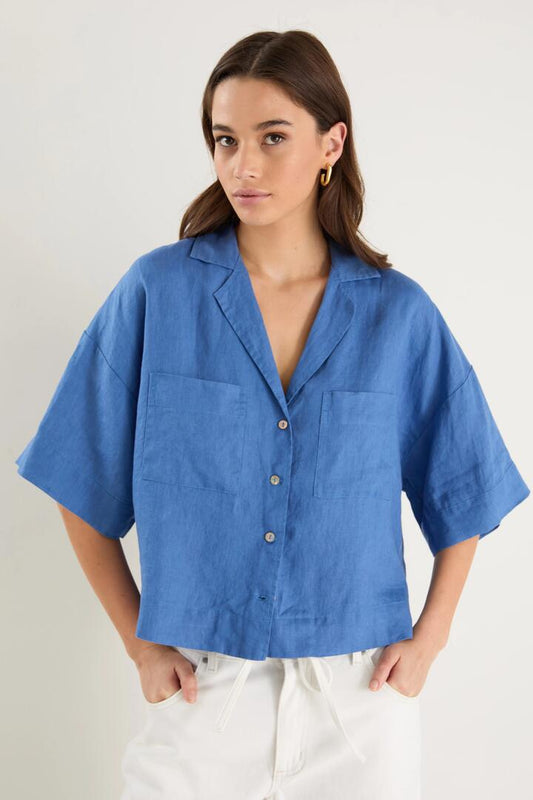 Image of Shirts. Product name - Meander Cornflower Blue Linen Boxy SS Shirt in Cornflower Blue colour by brand - RE:UNION Label