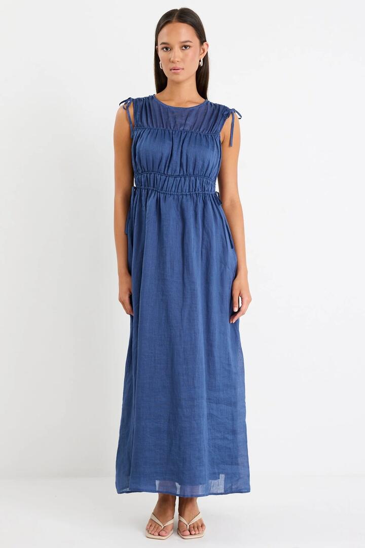 Image of Dresses. Product name - Compass Navy Ramie Relaxed Sleeveless Maxi Dress in Navy colour by brand - Stories be Told