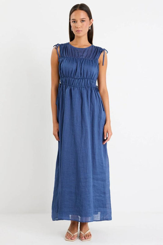 Image of Dresses. Product name - Compass Navy Ramie Relaxed Sleeveless Maxi Dress in Navy colour by brand - Stories be Told