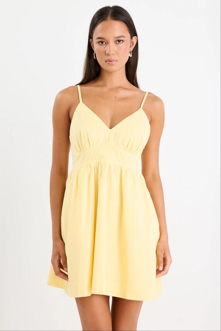 Image of Dresses. Product name - Heatwave Yellow Linen Blend Strappy Mini Dress in Yellow colour by brand - RE:UNION Label