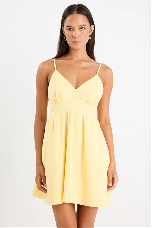 Image of Dresses. Product name - Heatwave Yellow Linen Blend Strappy Mini Dress in Yellow colour by brand - RE:UNION Label