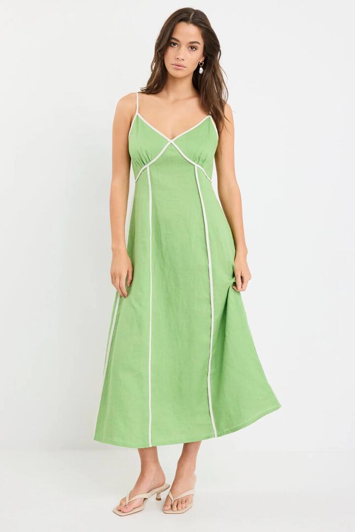 Image of Dresses. Product name - Marine Apple Contrast Piped Linen Strappy Maxi Dress in Apple colour by brand - Among the Brave