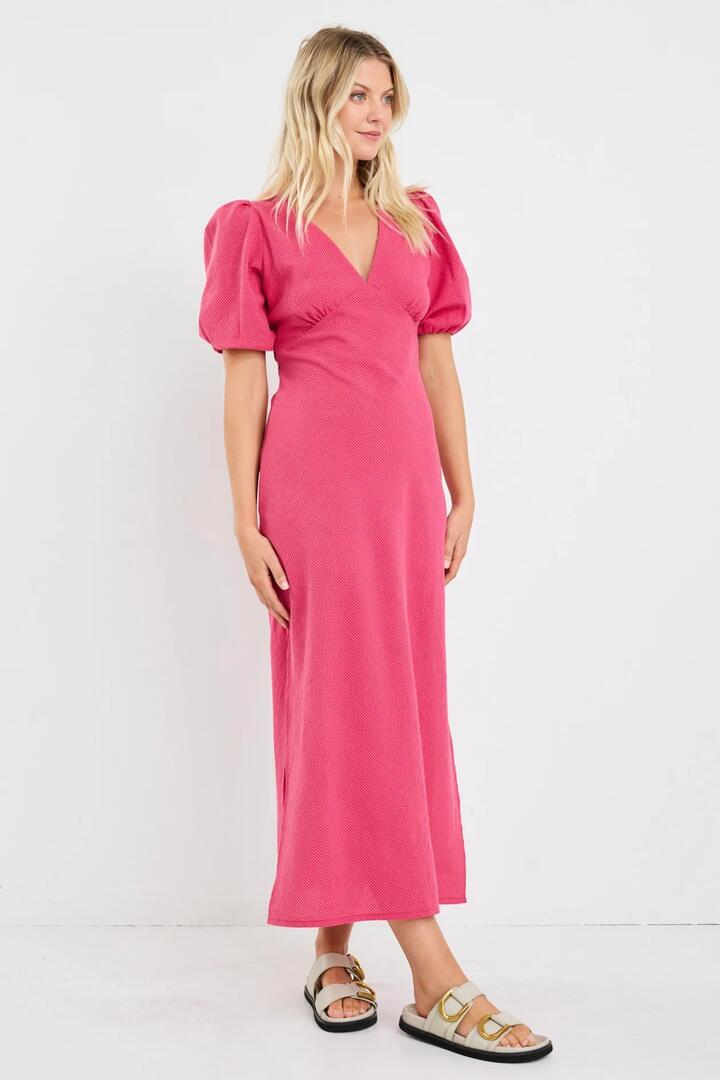 Image of Dresses. Product name - Amora Raspberry Ditsy Gingham SS Bias Midi Dress in Raspberry Ditsy Gingham colour by brand - Among the Brave