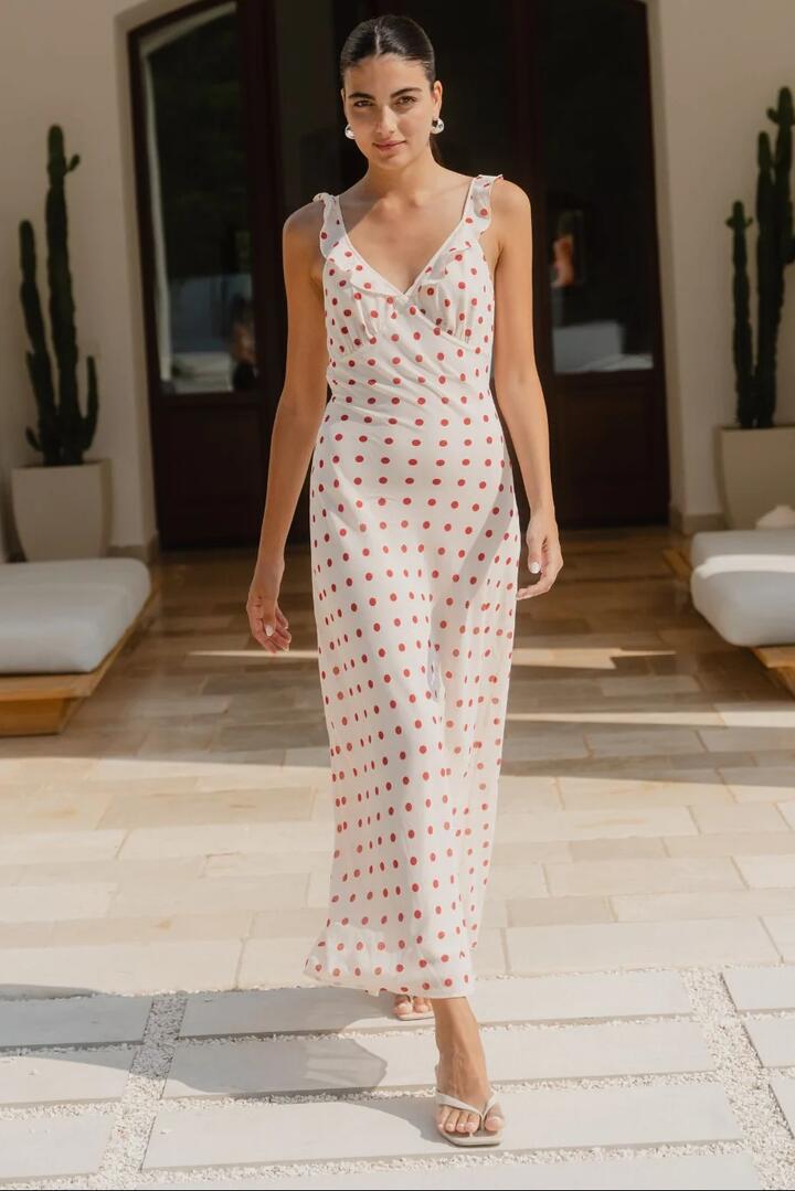 Image of Dresses. Product name - Delightful Cream Cherry Polka Dot Georgette Bias Slip Maxi Dress in Cream Cherry Polka Dot colour by brand - Georgia Zoe