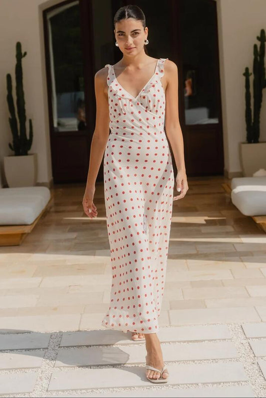 Image of Dresses. Product name - Delightful Cream Cherry Polka Dot Georgette Bias Slip Maxi Dress in Cream Cherry Polka Dot colour by brand - Georgia Zoe
