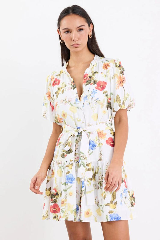 Image of Dresses. Product name - Delphi Cream Garden Print Drop Waist Belted Mini Dress in Cream Garden Print colour by brand - Ivy + Jack