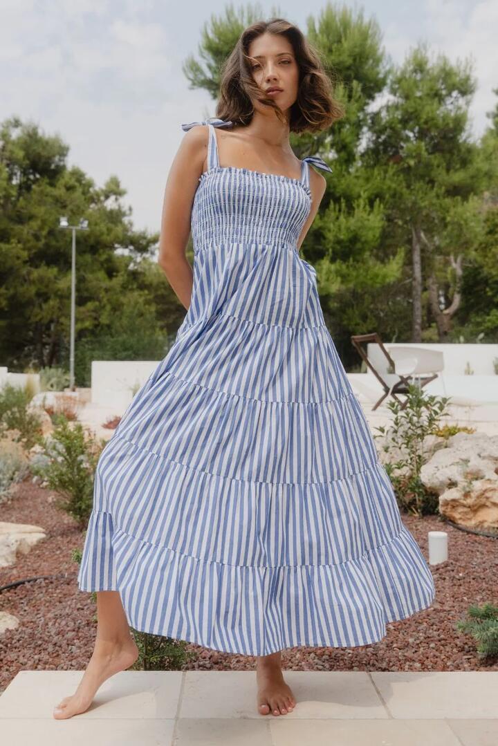 Image of Dresses. Product name - Isabella Bright Blue Stripe Strappy Tiered Maxi Dress in Bright Blue Stripe colour by brand - Ivy + Jack