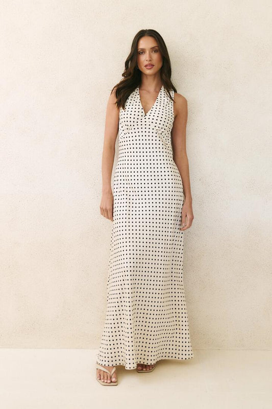 Image of Dresses. Product name - Aston Cream Ditsy Polka Dot Satin Bias Flared Maxi Dress in Cream Ditsy Polka Dot colour by brand - Stories be Told