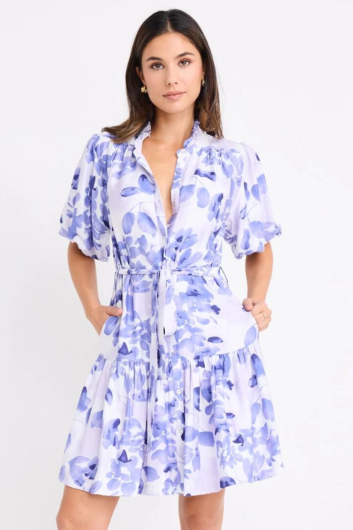 Image of Dresses. Product name - Delphi Ivory Blue Floral Drop Waist Belted Mini Dress in Ivory Blue Floral colour by brand - Ivy + Jack